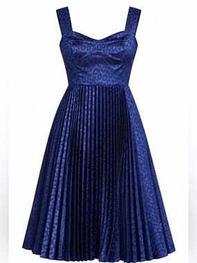 Navy Pleated Midi Dress - Elegant Square Neck